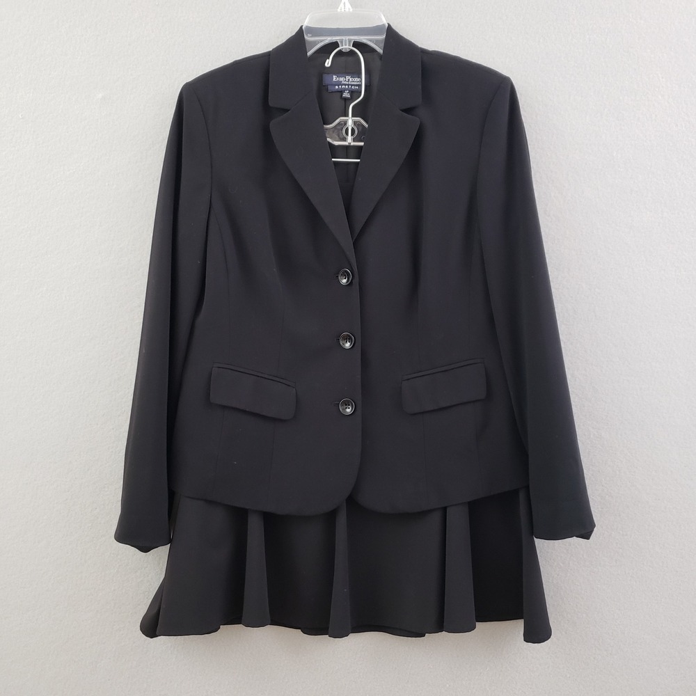 Evan-Picone Women 12P Skirt Suit Set Black Stretch Blazer Career Business